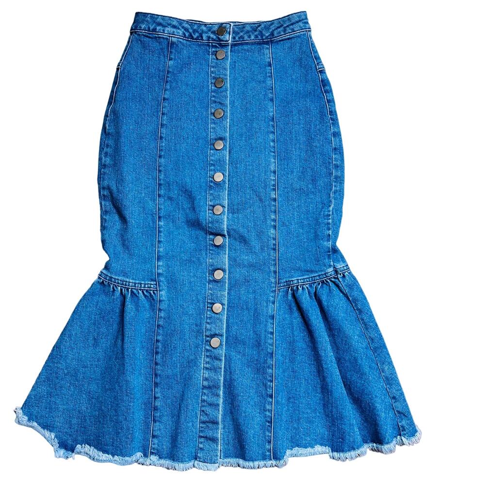 ASOS Jean Skirt 0 XS Womens Denim Flounce Button Front Midi Frayed Hem Mermaid